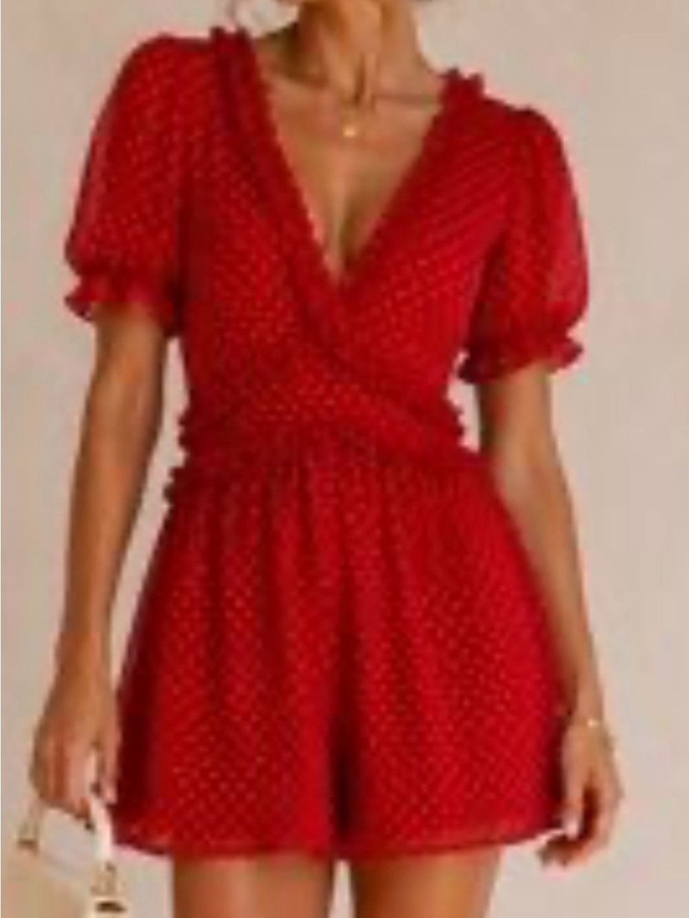 NWT Altar'd State Red Polka Dot Ruffle
Romper V Neck Sz Small short sleeve